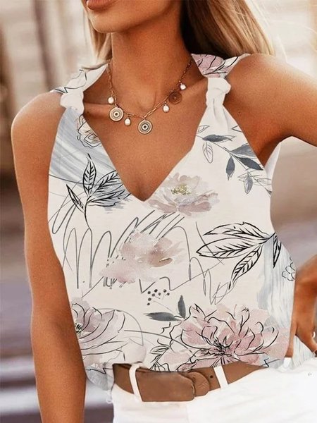 

Floral V Neck Casual Loosen, As picture, Tank Top