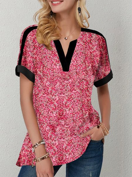 

Floral Casual V neck Short Sleeve Tops, As picture, Tops