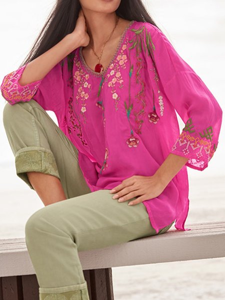 

JFN V Neck Tribal Casual Mexican Blouse, Rose red, Blouses