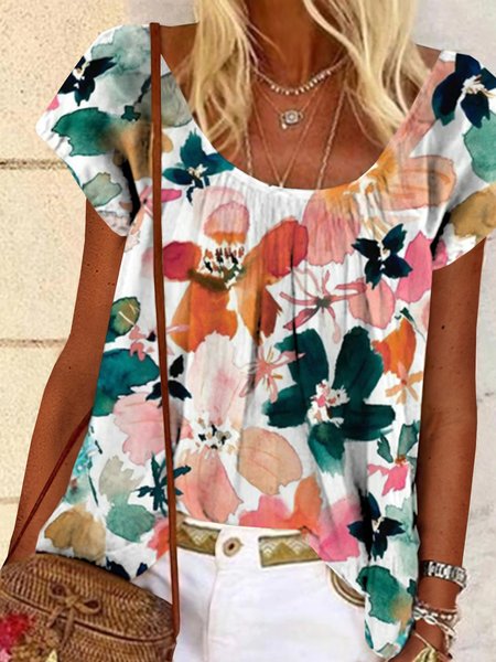 

Round Neck Floral Short Sleeve Tops, As picture, Tops