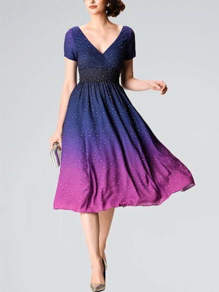 

V Neck Elegant Short Sleeve Ombre Midi Dress, Multicolor, Midi Dresses