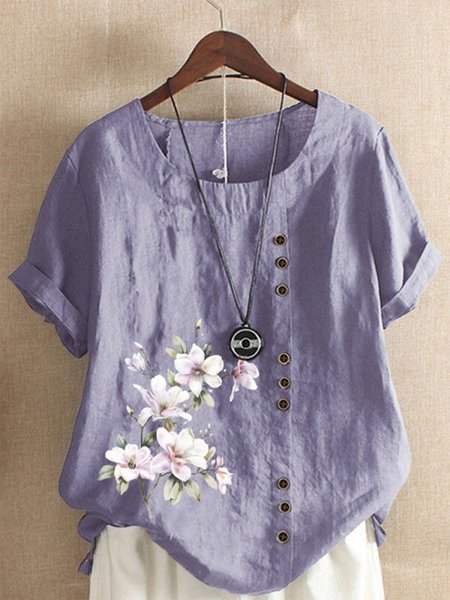 

JFN Round Neck Floral Buttoned Casual Blouse, Lavender, Blouses