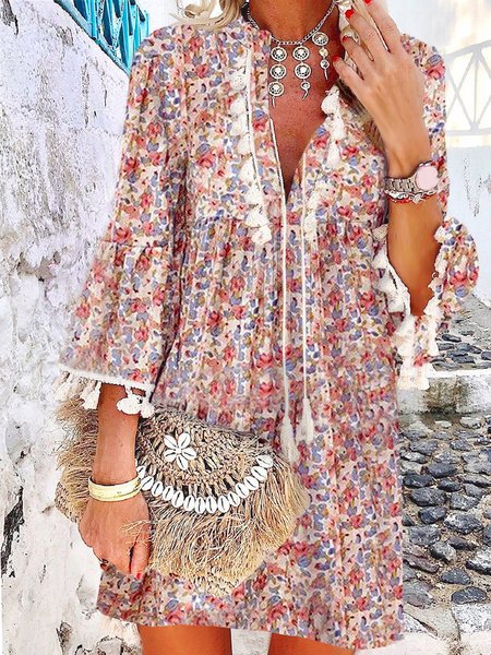 

Floral V Neck Short Sleeve Woven Dress, Multicolor, Mini Dresses