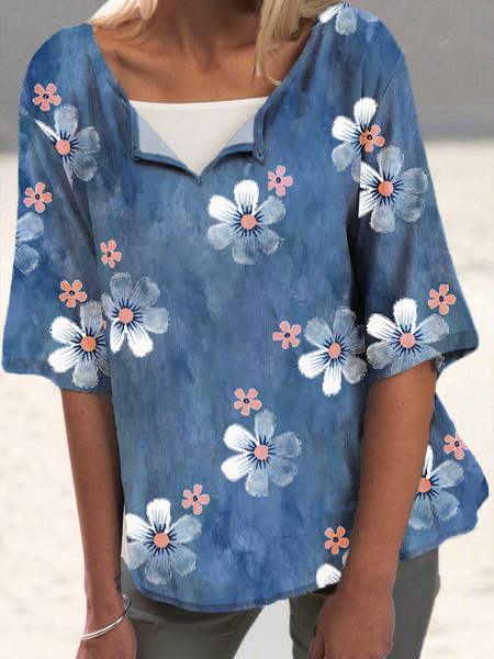 

Floral V Neck Regular Fit Casual Short Sleeve Tops, Blue, Shirts & Blouses