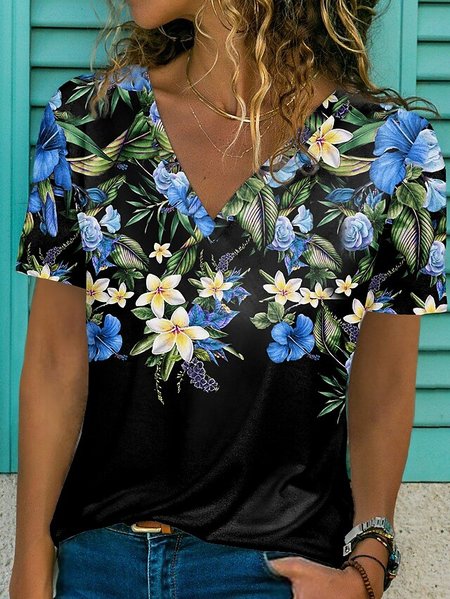 

V Neck Loosen Floral Short Sleeve T-Shirt, As picture, T-Shirts