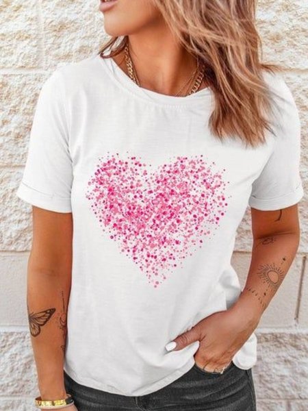 

Round Neck Casual Short Sleeve T-Shirt, White, T-Shirts