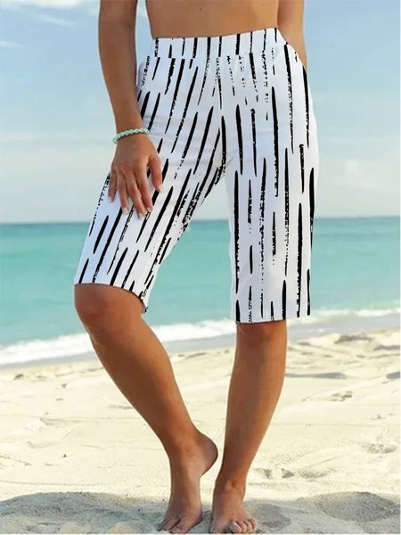 

Holiday linen geometric stripe pocket elastic waist pants Plus Size, Black-white, Shorts