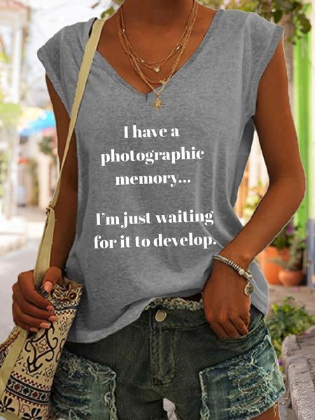 

Photographic Memory Funny Sayings Print V-neck Top, Gray, Tank Tops