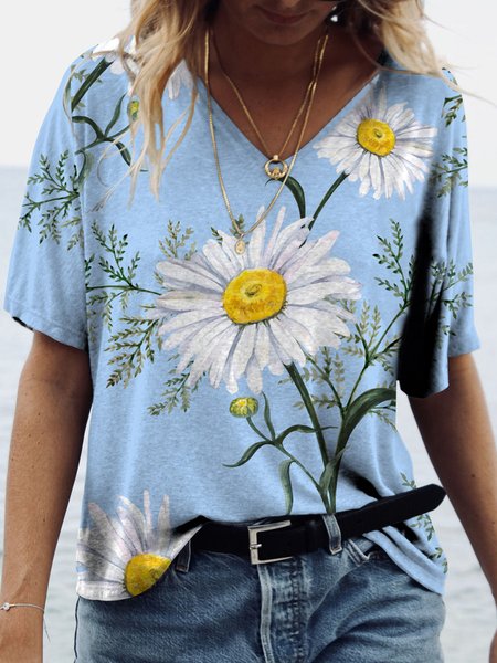 

Sunflower Casual V Neck Loosen Short Sleeve T-Shirt, Blue, T-Shirts