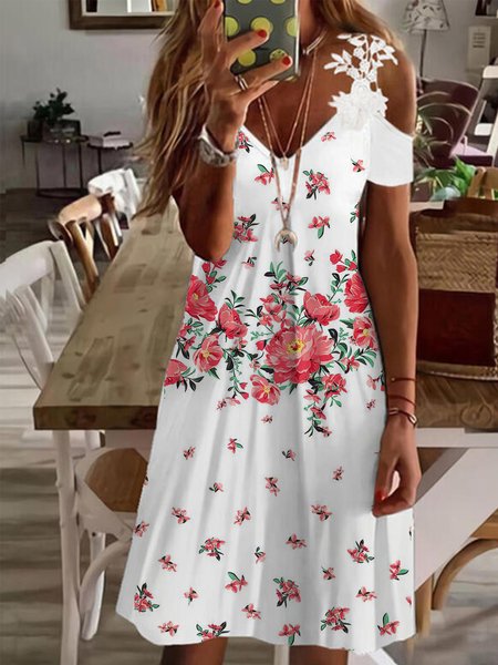 V Neck Jersey Plain Short Sleeve Knit Dress, White, Mini Dresses
