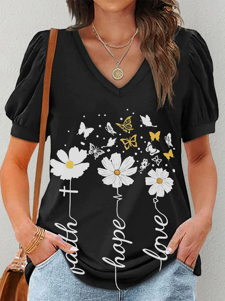 

Casual V Neck Loosen Short Sleeve T-Shirt, Black, T-Shirts