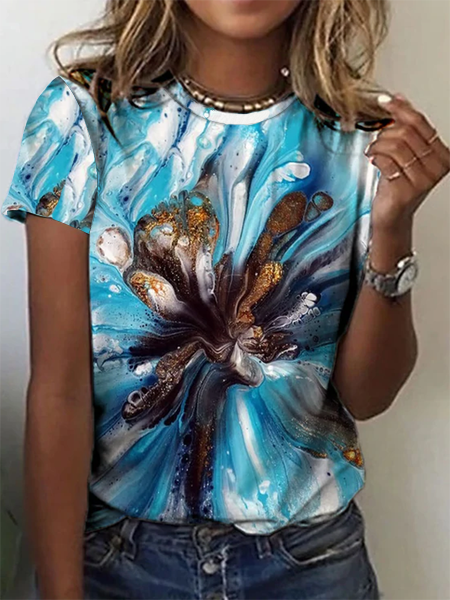 

Printed Crew Neck Loosen Short Sleeve T-Shirt, As picture, T-Shirts