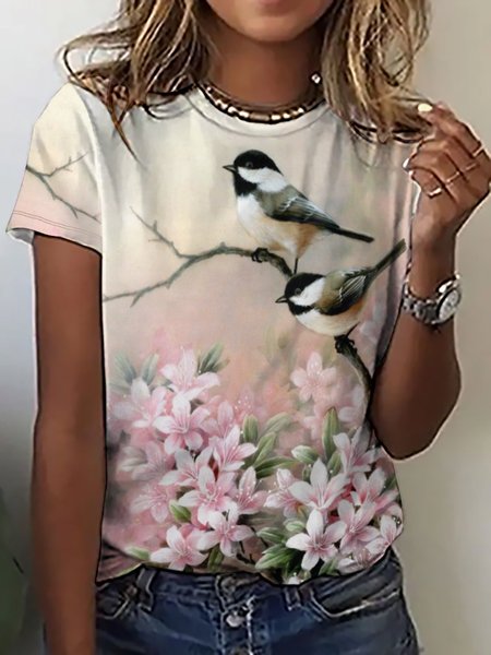 

Crew Neck Blue Birds and White Flowers Sweet Short Sleeve T-Shirt, Pink, T-shirts