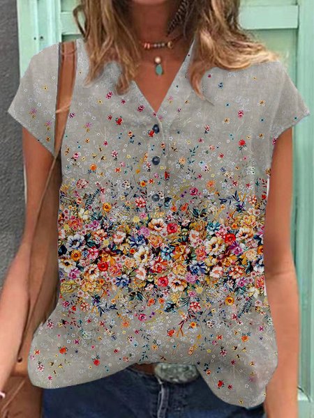 

Casual V Neck Vacation Floral Printed Raglan Sleeve Tops, Gray, Shirts & Blouses