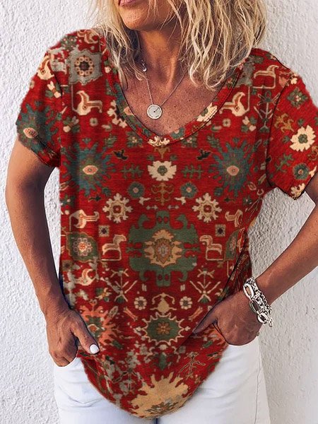 

Casual Tribal V Neck Ethnic Short Sleeve T-Shirt, Red, T-Shirts