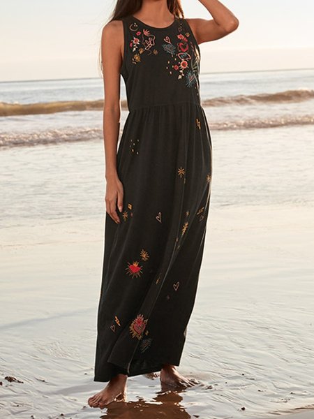 

Tribal Floral Pattern Crew Neck Sleeveless Knitting Ethnic Dresses, Black, Maxi Dresses