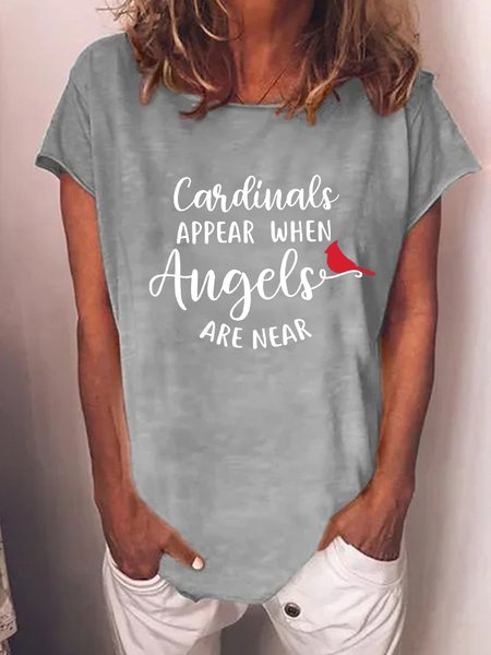 

Women Red Bird Graphic Cardinals Appear when Angels are Near Sweet Short Sleeve T-Shirt, Gray, T-shirts