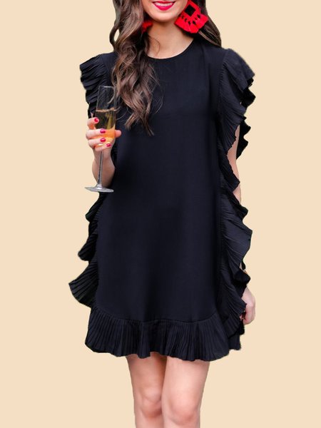 

Crew Neck Solid Short Sleeve Woven Dress, Black, Mini Dresses