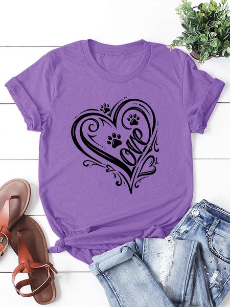 

Women's Love Heart Paws Funny Casual Short Sleeve T-Shirt, Purple, T-shirts