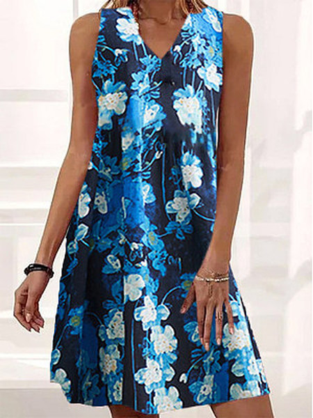 

V Neck Floral Sleeveless Women Dresses, Blue, Dresses