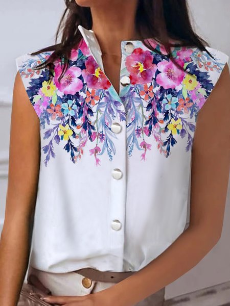 

Stand Collar Floral Casual Short Sleeve Blouse, White, Blouses & Shirts