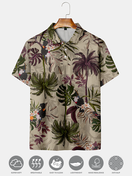 

Holiday Style Hawaiian Series Plant Leaves And Floral Elements Lapel Short-Sleeved Polo Print Top, Khaki, Men's t-shirts