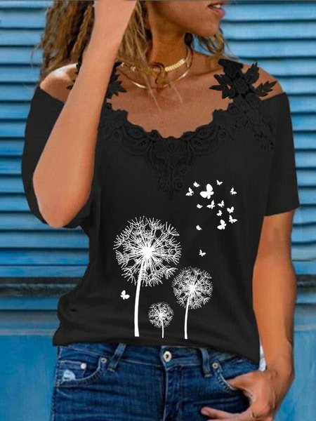 

Casual Dandelion Short Sleeve V Neck Plus Size Printed Tops T-shirts, Black, T-Shirts