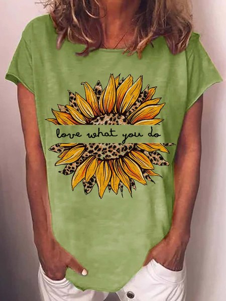 

Women's Sunflower Leopard Pattern Love What You Do Casual Short Sleeve T-Shirt, Green, T-shirts