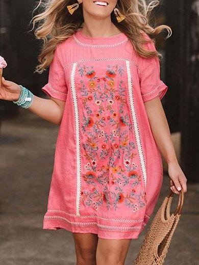 

Boho Short Sleeve Woven Dress, Red, Floral Dresses