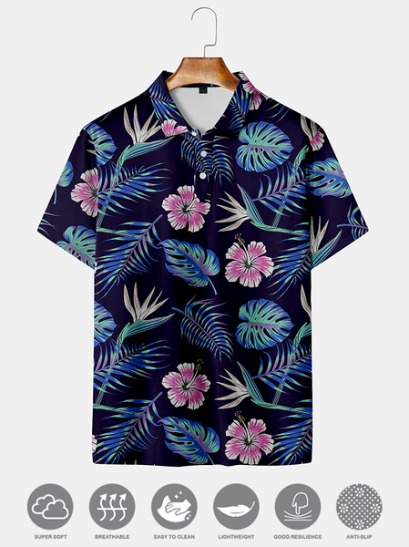 

Resort-Style Hawaiian Collection Of Plant Leaves And Floral Elements Lapel Short-Sleeved Polo Print Top, Purplish blue, Men's t-shirts