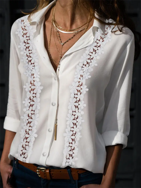 

Lace Plain Shirt Collar Long Sleeve Casual Blouse, White, Blouses & Shirts