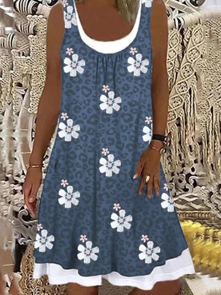 

Floral Casual Patchwork Loosen Sleeveless A-line Dress, Blue, Dresses