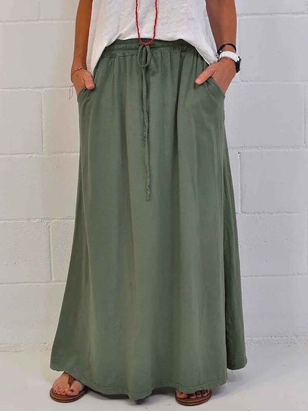 

Green Solid Cotton Blend Laces Up with Elastic Waist Casual Long Skirt, Skirts
