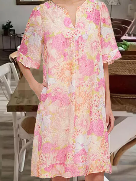 

Casual Loosen Short Sleeve Woven Dress, Pink, Mini Dresses