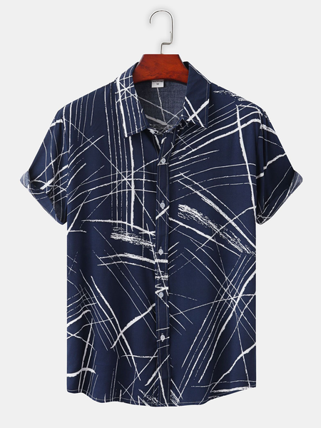 

Cotton And linen Style Abstract Geometric Striped line Versatile linen Shirt, Deep blue, Blouses&Shirts