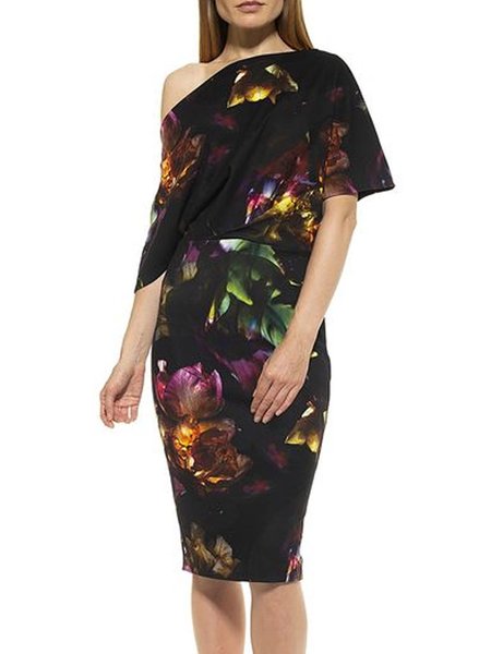 

Abstract Simple Off The Shoulder Fitted Knit Dress, Black, Midi Dresses