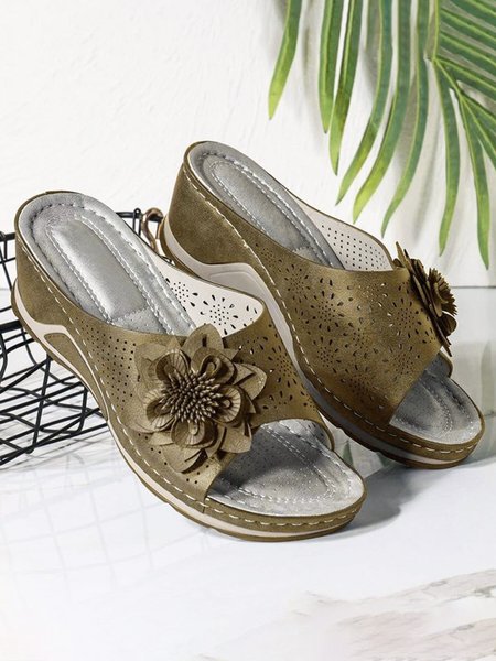 

3D Floral Cutout Upper Vintage Bohemian Wedge Slippers, Brown, Sandals