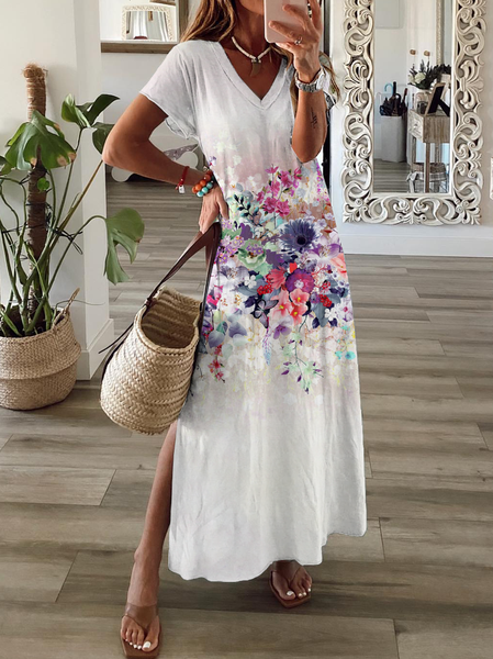

Vacation V Neck Short Sleeve Knit Dress, Flower, Maxi Dresses