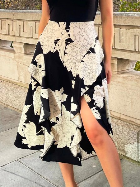 

Elegant Floral Printed Midi Skirt, Black, Midi Skirts