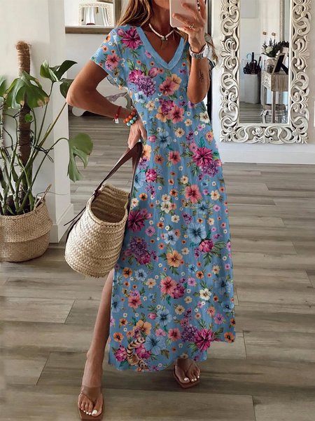

Boho Regular Fit Floral Short Sleeve Knit Dress, Blue, Dresses