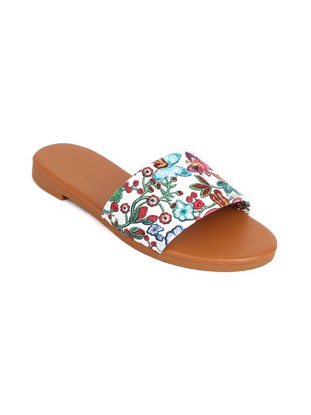Elegant Summer Floral Graphic Vacation Slippers, White, Sandals