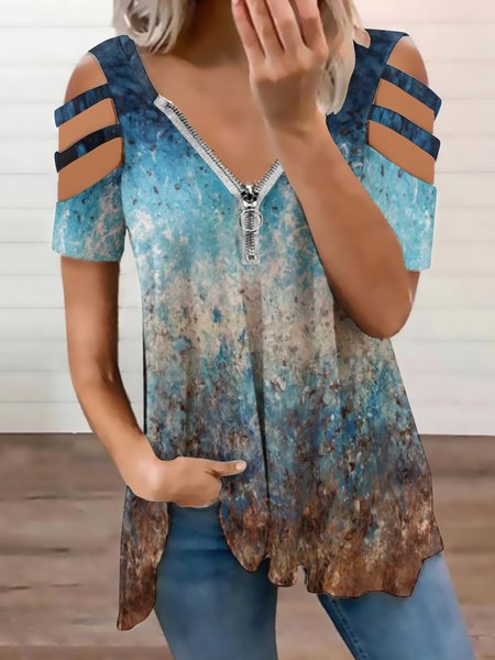 Casual Abstract Gradient Print V-Neck Short Sleeve Top, As picture, Blouses