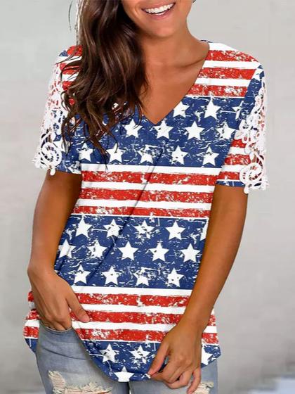 

V Neck Geometric Casual Short Sleeve T-Shirt, Multicolor, T-Shirts