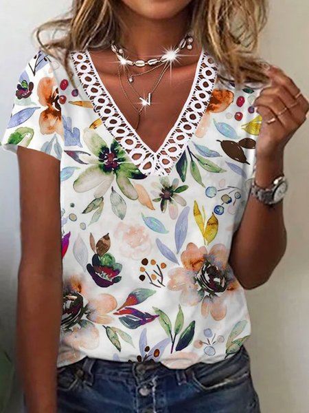 

Loosen Floral Short Sleeve T-Shirt, As picture, T-Shirts