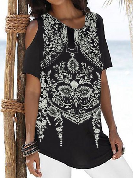 

Tribal Geometric Casual Short Sleeve Tops, Black, Shirts & Blouses