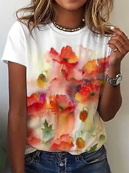 Casual Floral Short Sleeve Round Neck Plus Size Printed Tops T-shirts, Red, T-Shirts