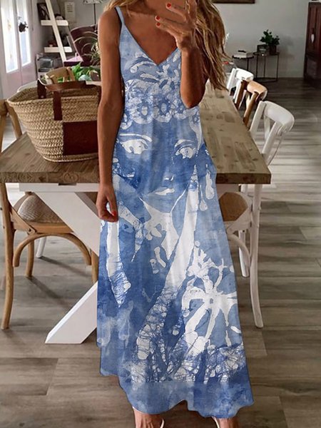 

Casual V Neck Abstract Printed A-line Sleeveless Maxi Dresses, Blue, Dresses