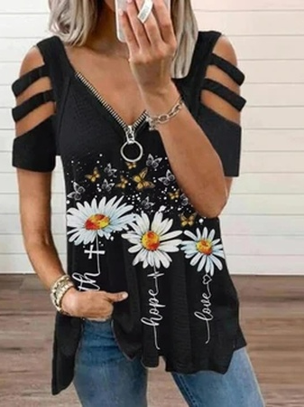 

V Neck Floral Casual Short Sleeve Tops, Black, Shirts & Blouses