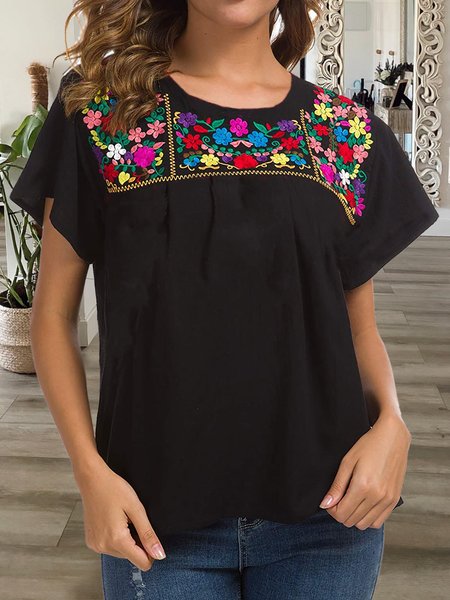 

Tribal Printed Round Neck Short Sleeve Mexican T-Shirt, Black, T-Shirts