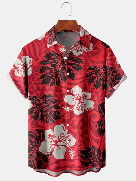 

Mens Retro Hibiscus Leaves Print Lapel Loose Chest Pocket Short Sleeve Funky Hawaiian Shirts, Red, Men's Floral shirt
